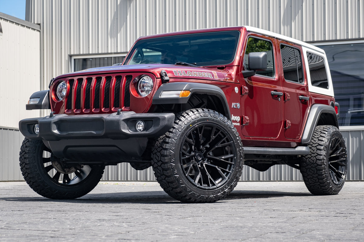 2021 Jeep Wrangler Unlimited Sport S Red with 2.5 inch rough country lift kit 22x12 fuel rebar wheels and 35 inch fury country hunter R/T tires