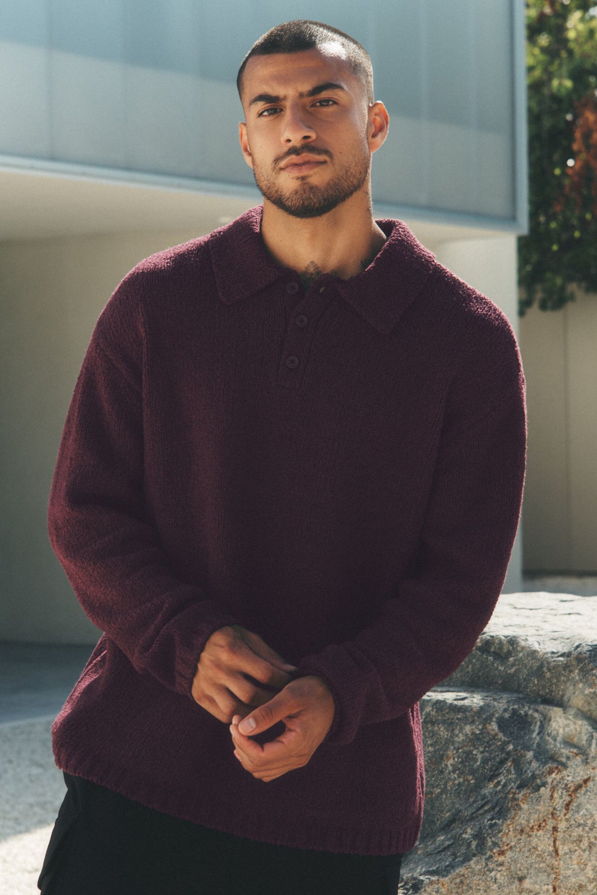 Textured Knit Long Sleeve Polo - Rich Bordeaux