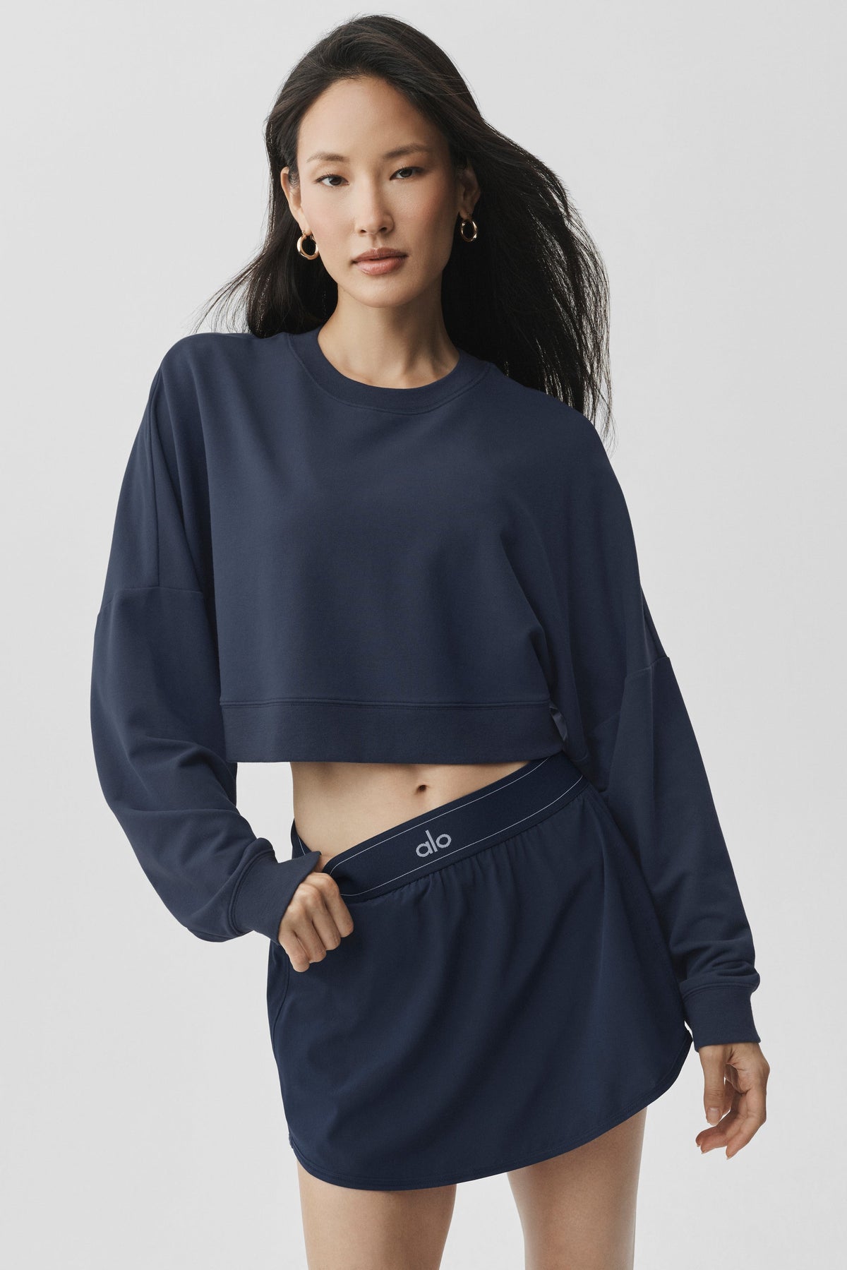 Cropped Sway Crew Neck Pullover - Navy