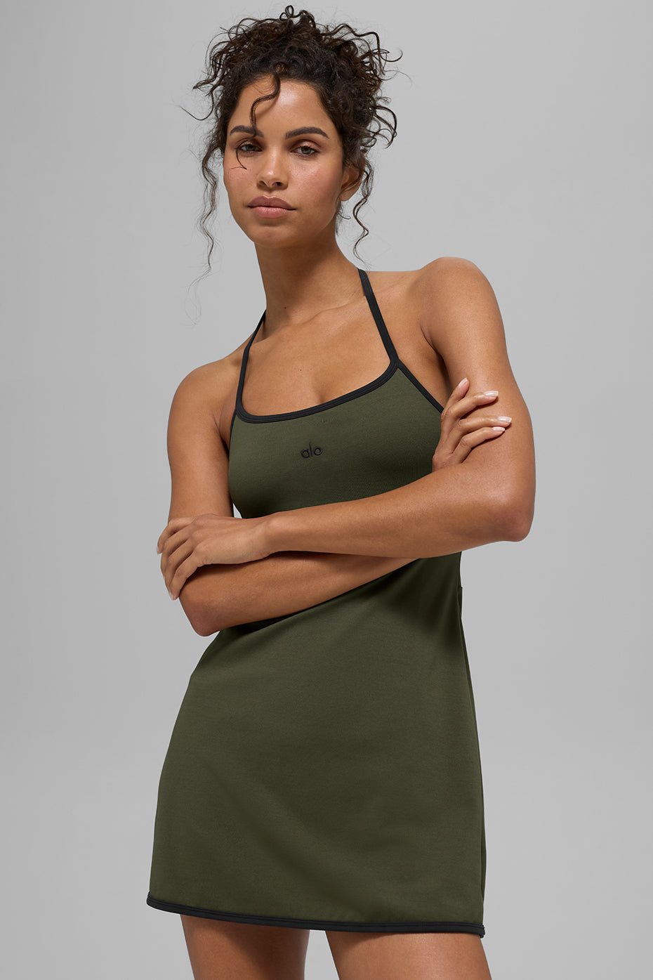 ALO Softsculpt Halter Tennis Dress - Green Olive/Black