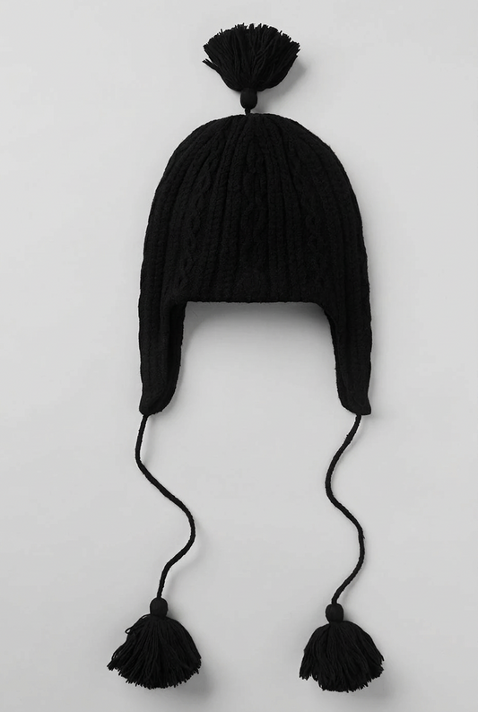 Cable Knit Winter Bliss Earflap Beanie - Black
