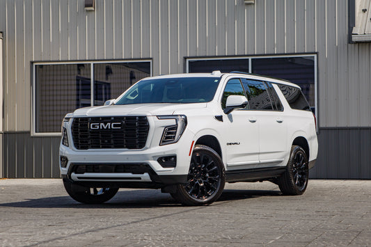 2026 GMC Yukon XL Denali with GMC Factory suspension, 22x9 GMC Stock wheels, and 275/50 Bridgestone Alenza tires.