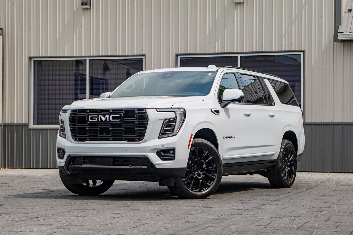 2026 GMC Yukon XL Denali with GMC Factory suspension, 22x9 GMC Stock wheels, and 275/50 Bridgestone Alenza tires.