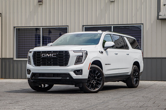 2026 GMC Yukon XL Denali with GMC Factory suspension, 22x9 GMC Stock wheels, and 275/50 Bridgestone Alenza tires.