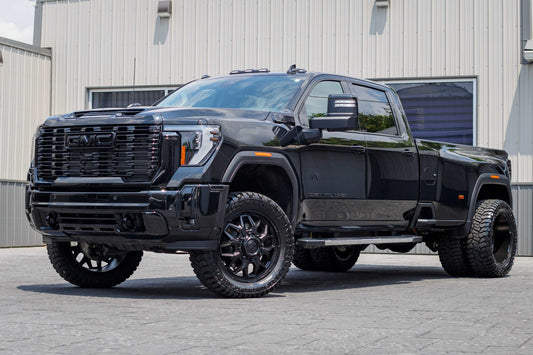 2025 GMC Sierra 3500 Denali with a 3" Cognito leveling kit, 22x8.25 Fuel Flux wheels, and 35" Avix Trailtek R/T tires.