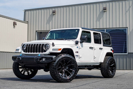 2024 Jeep Wrangler Sahara 4XE with a 2.5" Rough Country lift kit, 22x12 Fuel Flame wheels, and 35" Avix Trailtek R/T tires.