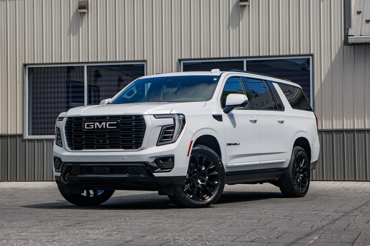 2026 GMC Yukon XL Denali Ultimate with GMC Stock suspension, 22x9 GMC Stock wheels, and 275/50 Bridgestone Alenza tires.