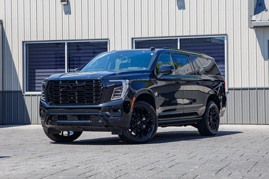 2026 GMC Yukon XL Denali with GMC Factory suspension, 22x9 GMC Stock wheels, and 275/50 Bridgestone Alenza tires.