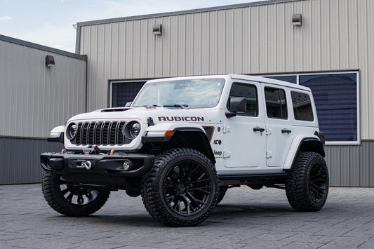 2025 Jeep Wrangler Rubicon 392 Final Edition with Jeep Stock suspension, 22x12 Fuel Rebar wheels, and 35" Avix Trailtek R/T tires.