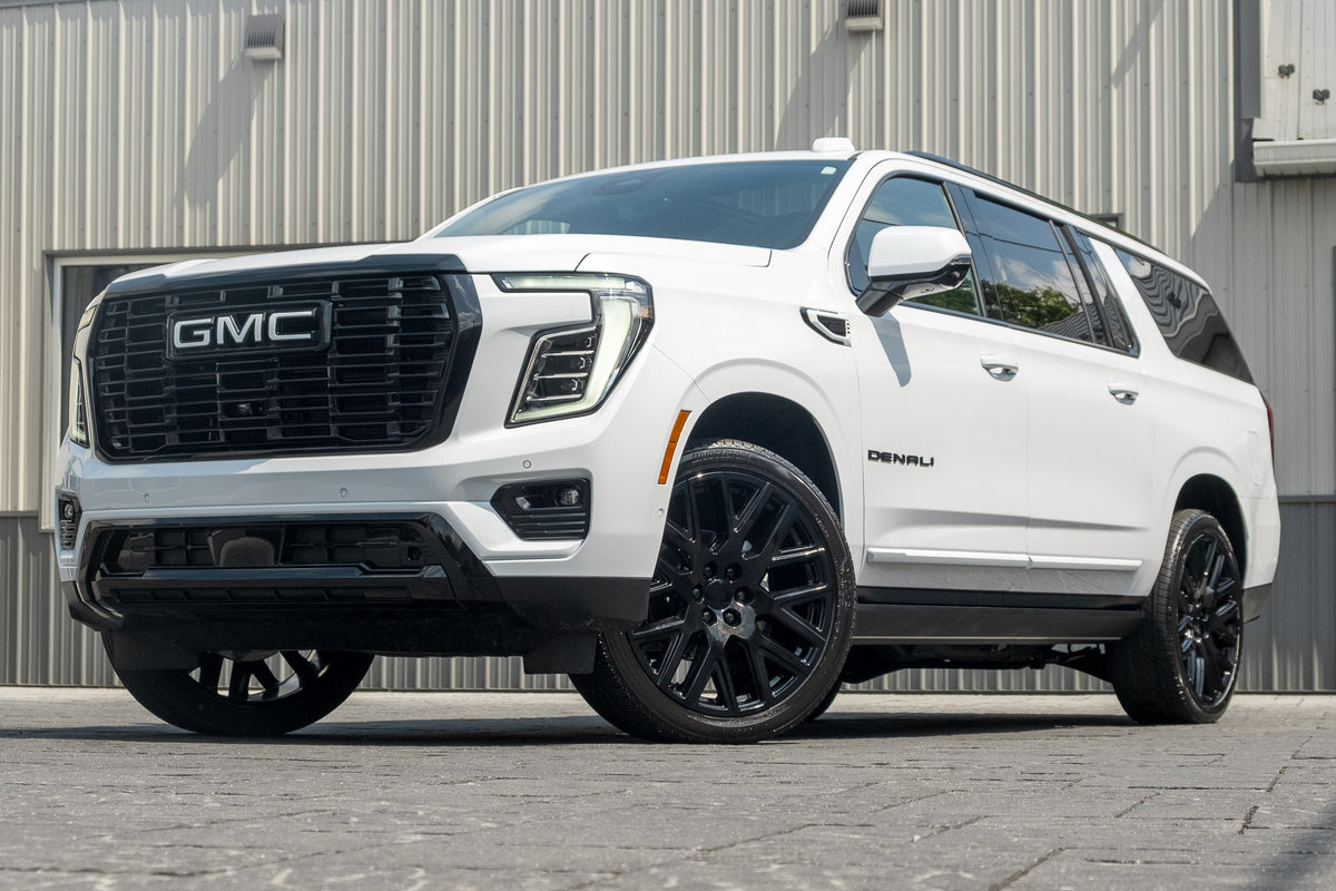 2026 GMC Yukon XL Denali Ultimate with GMC Factory suspension, 22x9 GMC Stock wheels, and 275/50 Bridgestone Alenza tires.