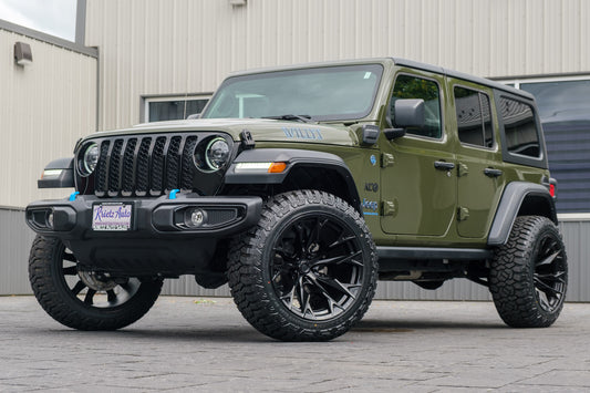 2023 Jeep Wrangler Unlimited Willys 4xe Green with 2.5 inch rough country lift kit, 22x12 fuel flame wheels and 35 inch fury country hunter tires