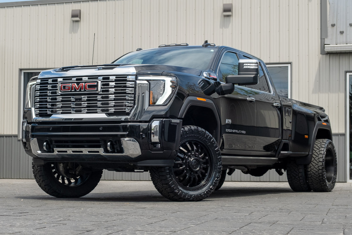 2025 GMC Sierra 3500 with a 3" Cognito leveling kit, 22x8.25 Fuel Arc wheels, and 35" Nitto Ridge Grappler tires.