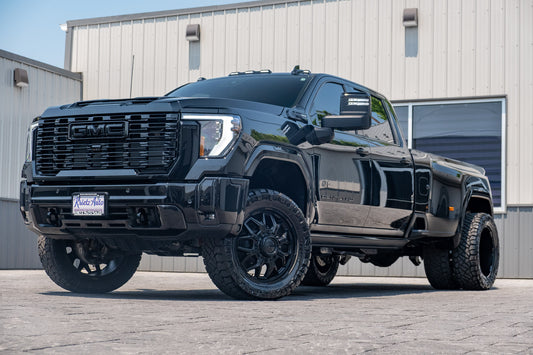2025 GMC Sierra 3500 Denali Ultimate with a 3" Cognito leveling kit, 22x8.25 Fuel Flux wheels, and 35" Nitto Ridge Grappler tires.