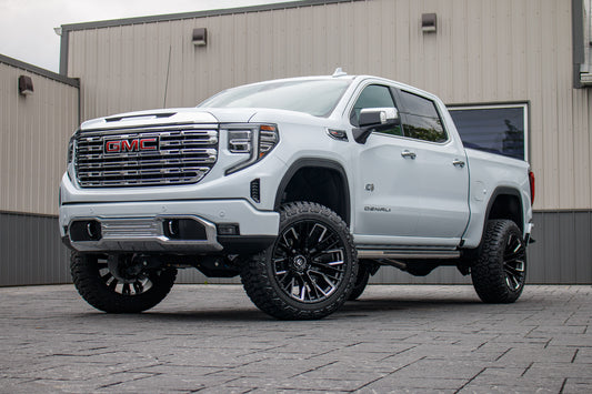 2026 GMC Sierra 1500 Denali with a 6" BDS lift kit, 22x12 Fuel Rebar wheels, and 35" Fury Country Hunter R/T tires.