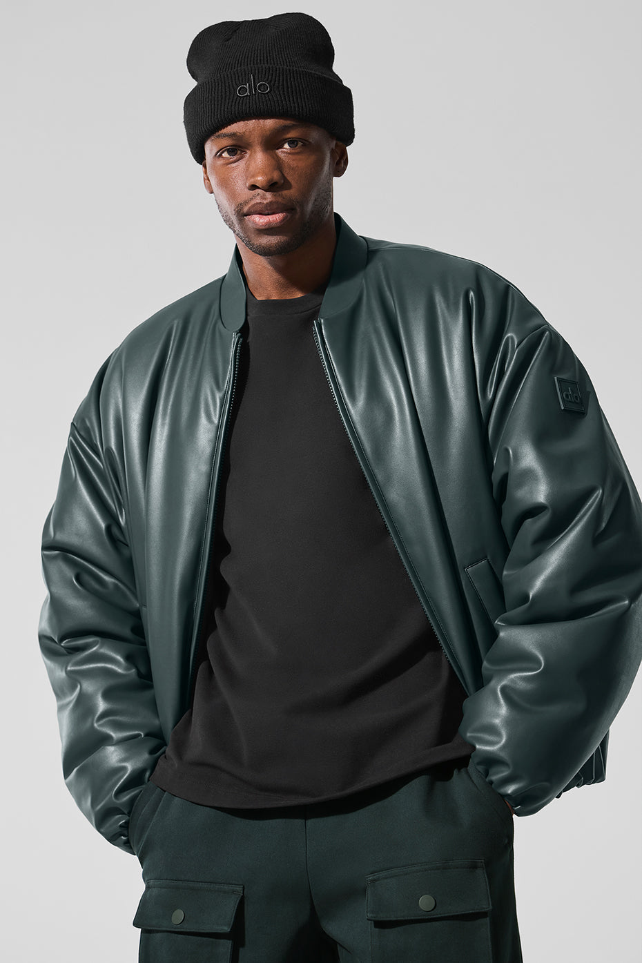 Faux Leather Premier Bomber - Charcoal Green