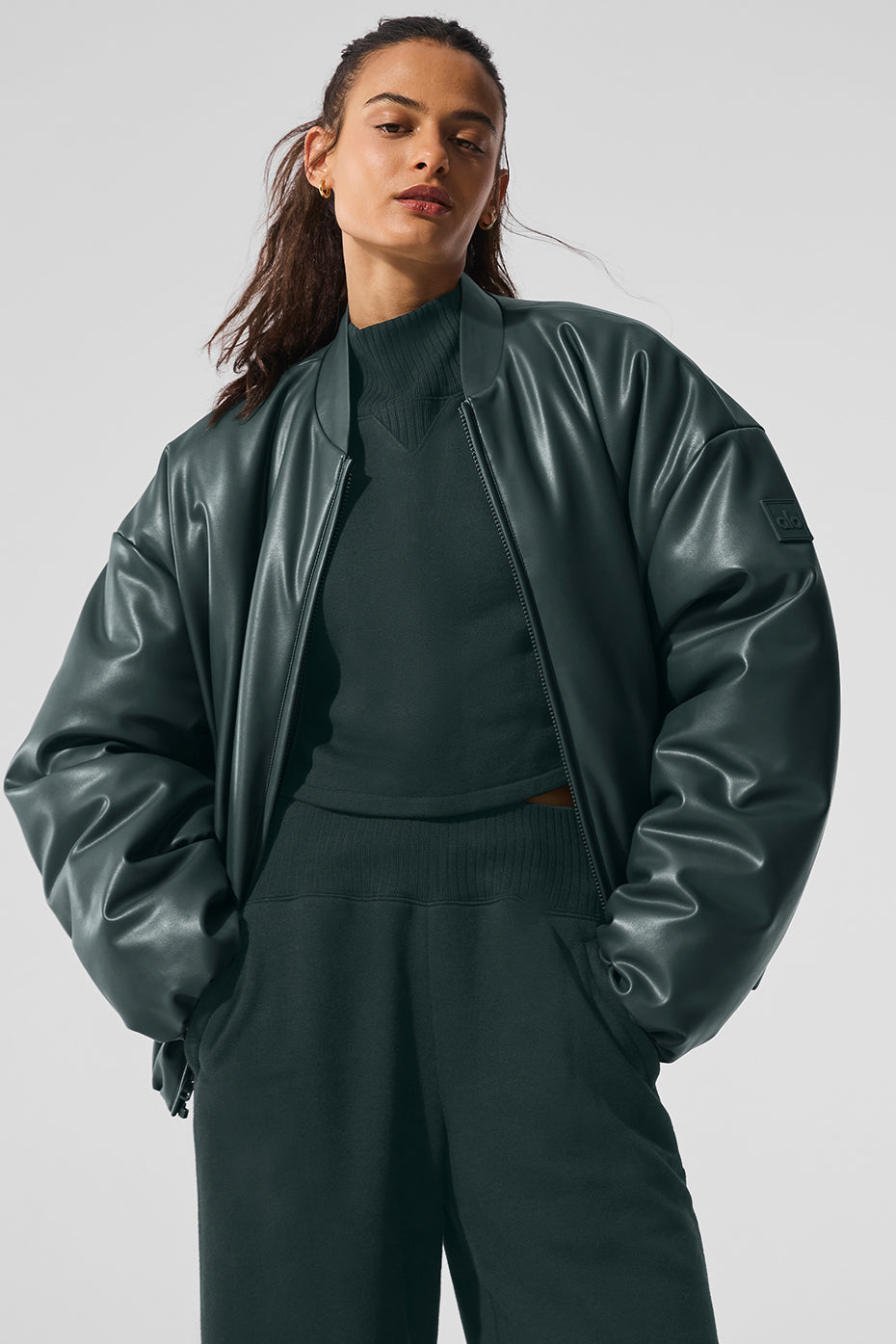 Faux Leather Premier Bomber - Charcoal Green