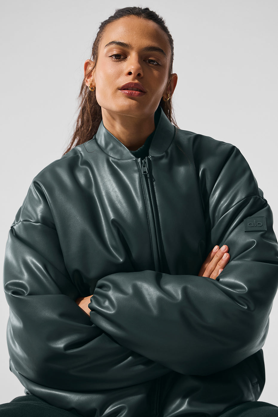 Faux Leather Premier Bomber - Charcoal Green