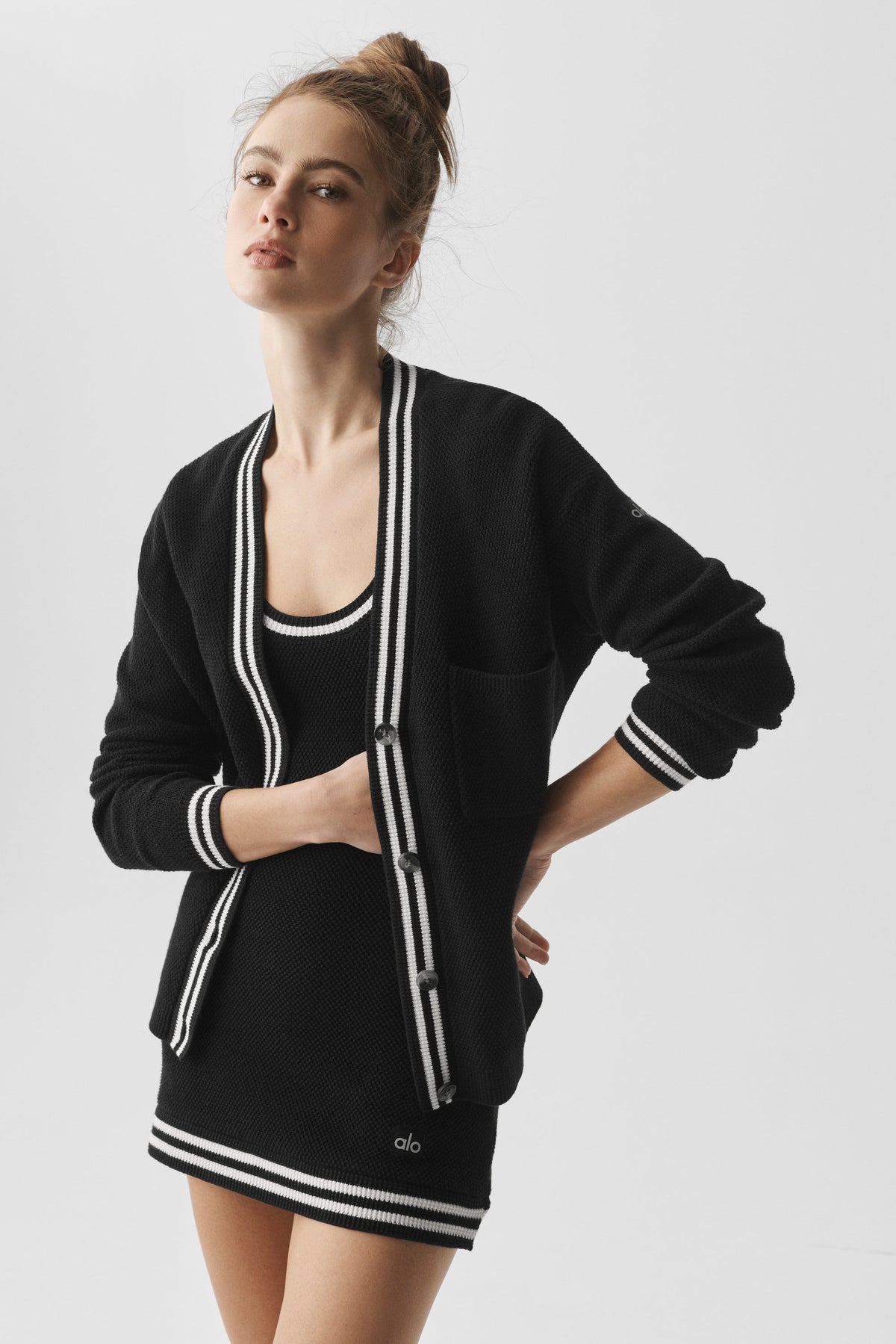 Tennis Club Sweater Knit Cardigan - Black/Ivory