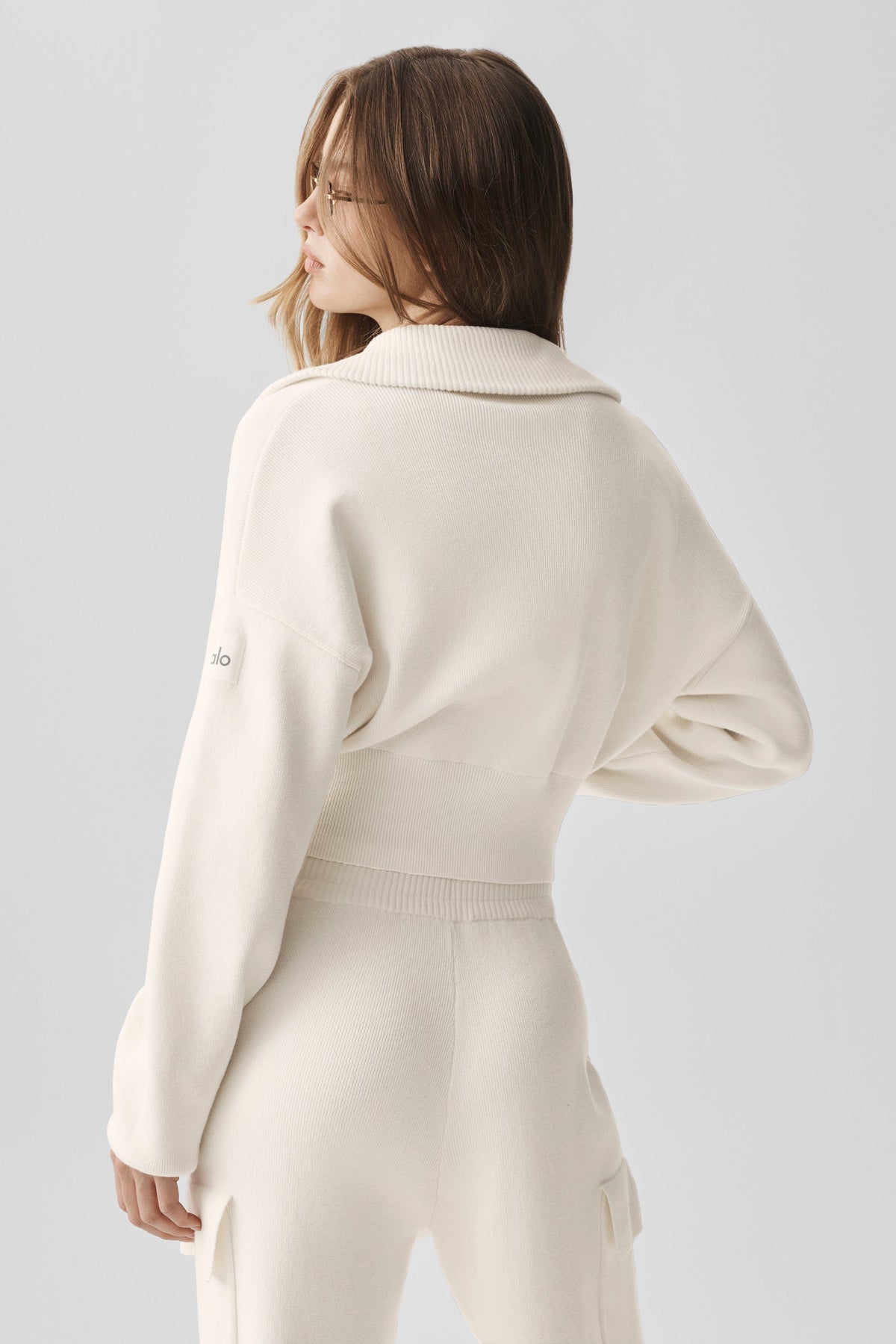 Scholar Knit Cropped Full Zip Jacket - Ivory