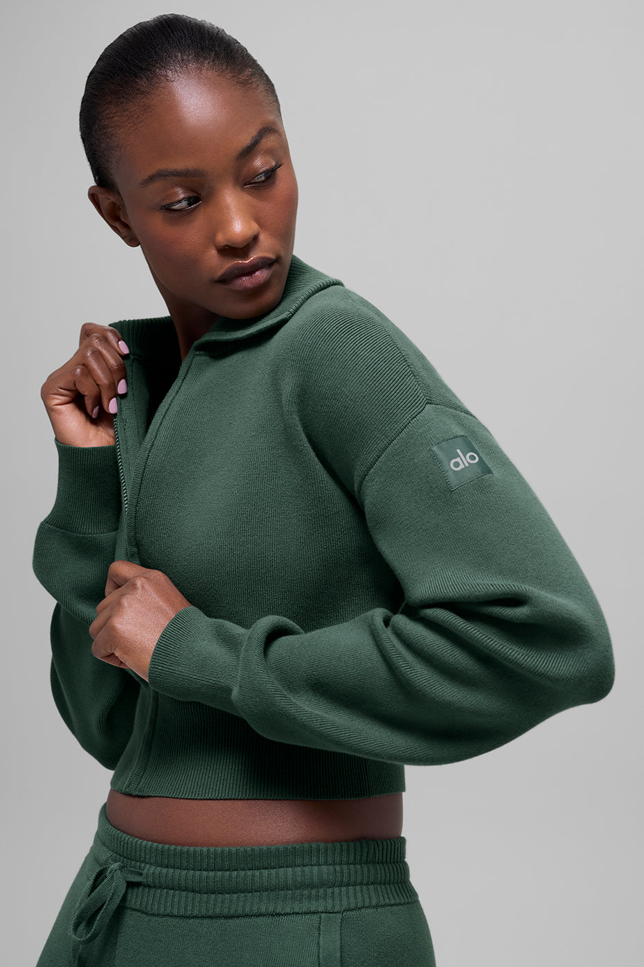 Scholar Knit Cropped Full Zip Jacket - Clover Green
