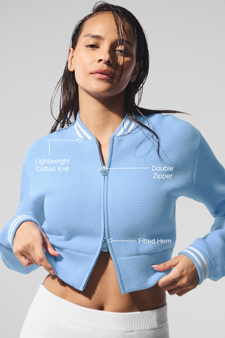 Tennis Club Sweater Knit Full Zip Jacket - Seashell Blue/White